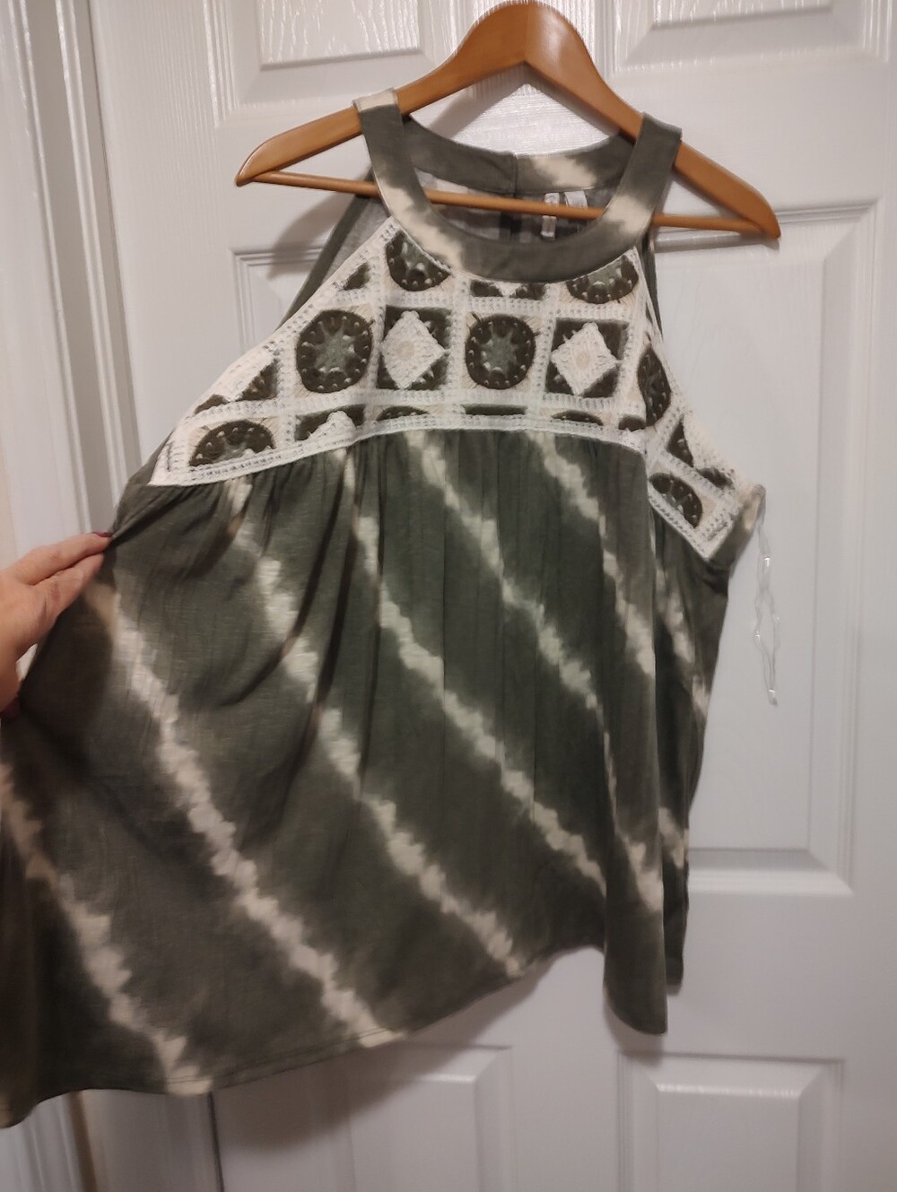 Women’s Olive Tie-Dye Halter Top with Crochet Yoke